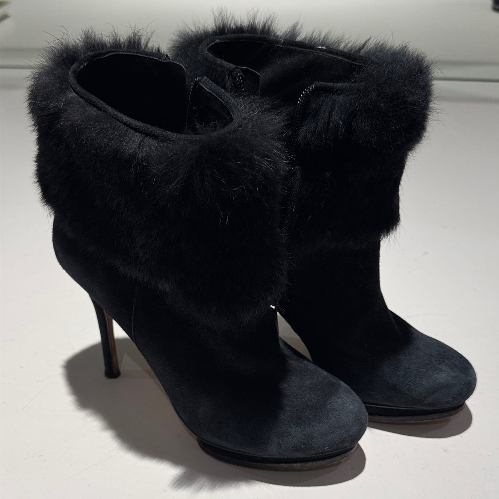 BCBG Elegant Black Rabbit Fur-Trimmed Women's Boots